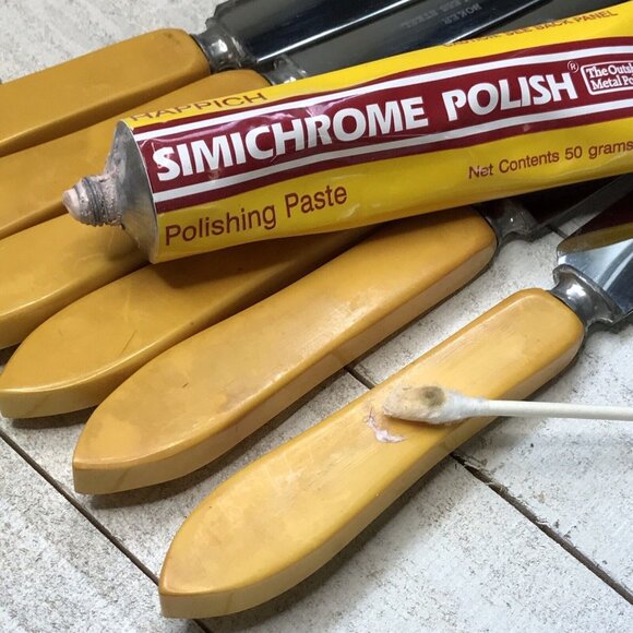 6 Vtg Butterscotch Bakelite Flatware Antq Boker Art Deco 1930s Stainless Knives - Picture 7 of 8